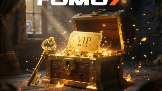 Golden treasure chest labeled VIP Vault overflowing with gold coins and a key, with FOMO7 logo above in a mystical vault setting